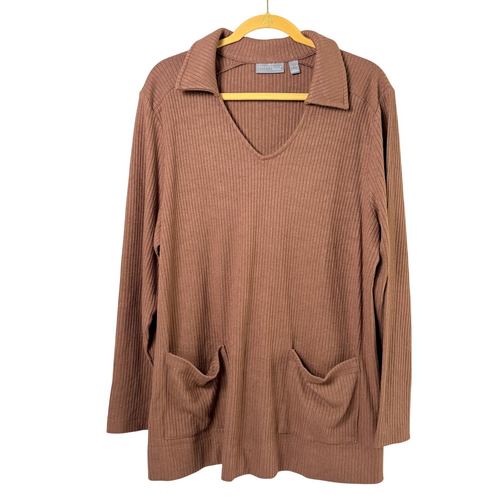 Susan Graver Tunic Top Size XL Brown Ribbed Knit V-Neck Pockets Collared A703211
